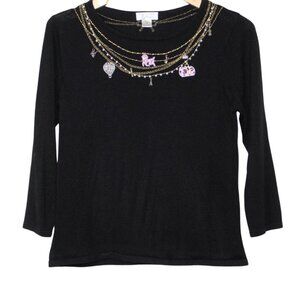 Christopher & Banks black knit Paris embroidered charms 3/4 sleeve sweater M